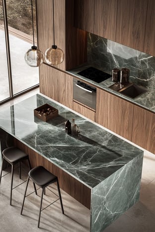 Modern kitchen with polished green marble